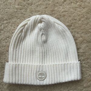Timberland Cream Ribbed Knit Beanie with Logo Patch